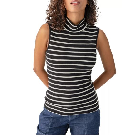 SANCTUARY TOP WOMENS MEDIUM  SLEEVELESS STRIPE MOCK NECK T-SHIRT BLACK NEW - Picture 1 of 12
